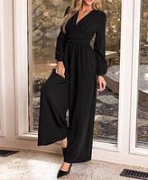 Cupshe Women's Plunging Long Sleeve Wide Leg Jumpsuit