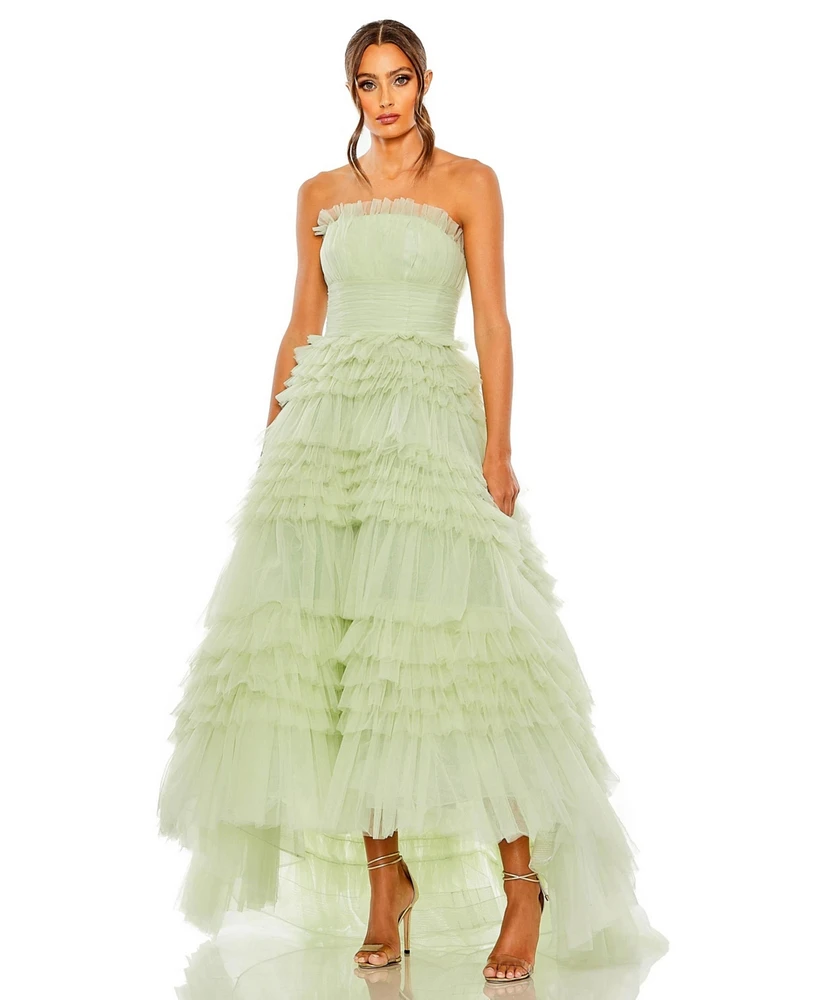 Mac Duggal Women's Strapless Tulle Ruffle Gown