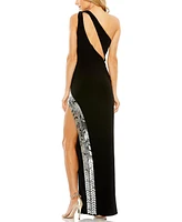 Mac Duggal Women's One Shoulder Cut Out Mirror Sequin High Slit Gown