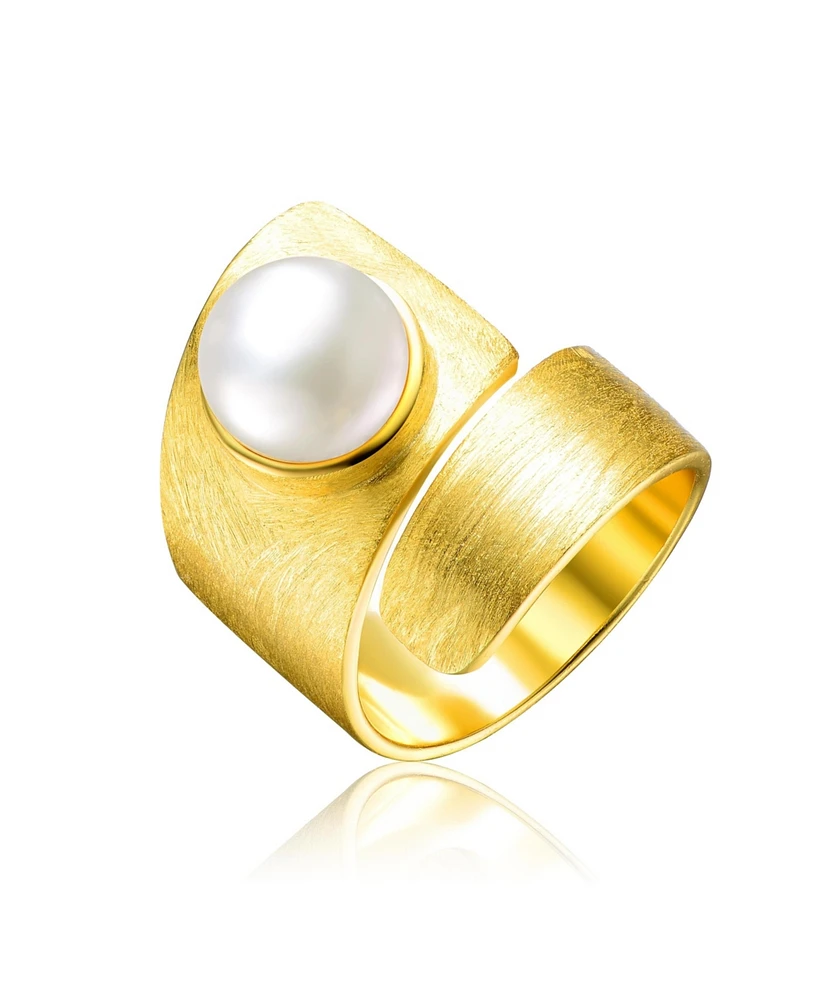 Genevive Sterling Silver 14K Gold Plated with Genuine Freshwater Pearl Modern Ring