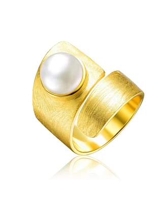 Genevive Sterling Silver 14K Gold Plated with Genuine Freshwater Pearl Modern Ring