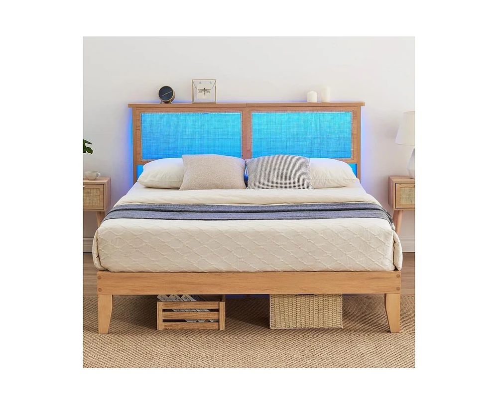 gaomon Queen Size Bed Frame with Rattan Headboard, Platform Bed Frame with Led Lights and Wood Headboard, Strong Wooden Slat, Mattress Foundation, Noi