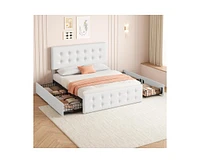 gaomon Full Size Bed Frame with 4 Storage Drawers and Headboard, Faux Leather Upholstered Platform Bed Frame with Wooden Slats Support, Button Tufted