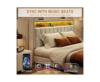 gaomon Full Velvet Upholstered Bed Frame with Storage Headboard and Built-in Charging Station, Smart Led Lights and Nailhead Trim Wingback, Wood Slats