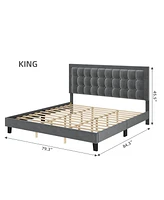 gaomon Platform Bed Frame with Upholstered Button Tufted Headboard, Metal Foundation with Wood Slats Support No Box Spring Needed for Bedroom