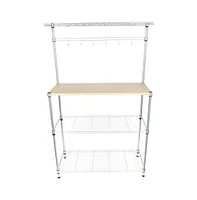 Slickblue Carbon Steel Kitchen Bakers Rack with Mdf Wood Shelf and Hanging Bar with Hooks