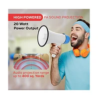 Pyle 20-Watt Portable Megaphone with Siren, MP3 Input, Adjustable Volume, Shoulder Strap, Lightweight White Bullhorn