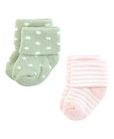 Hudson Baby Girls Cotton Rich Newborn and Terry Socks, Pink Sage Rose, 0-6 Months