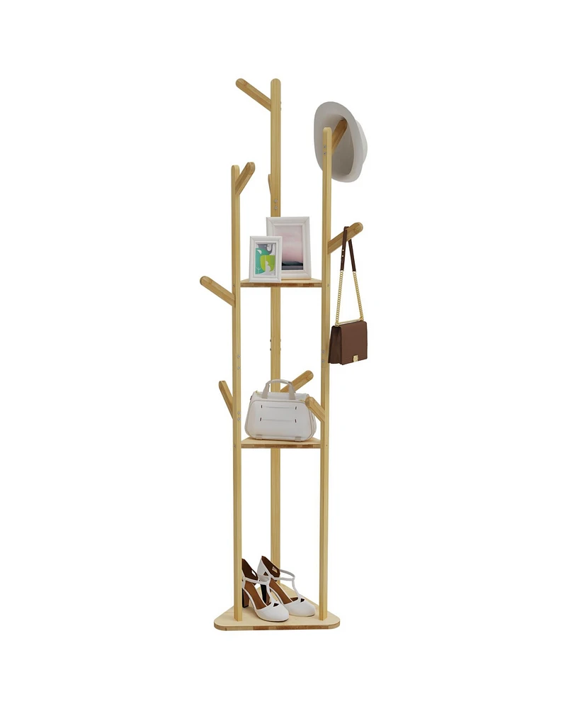 Unho Sturdy Garment Clothes Stand: Natural Bamboo Coat Rack Hat Hanger Stand with Shelves