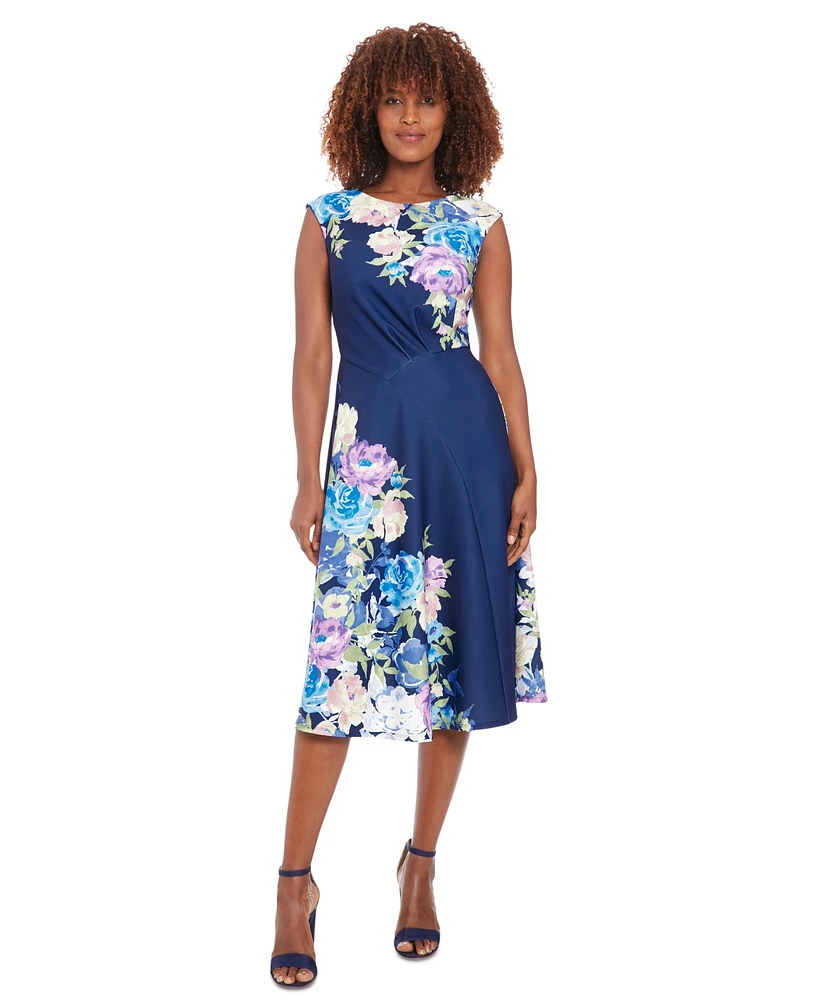 London Times Women's Floral Extended-Shoulder Midi Dress