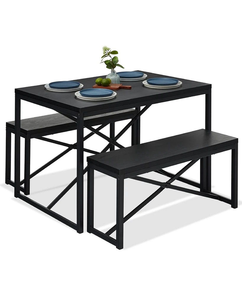 Slickblue Modern 3-Piece Dining Set - Metal Frame Wood Top Table and 2 Bench Chairs