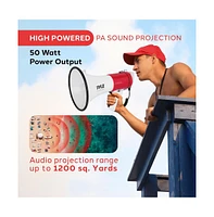 Pyle 50-Watt Portable Megaphone with Siren, MP3 Input, Automatic Siren, Shoulder Strap, Lightweight