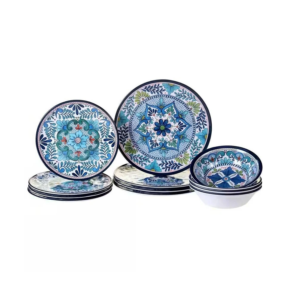 Slickblue 12-Piece Melamine Dinnerware Plates Bowls Set with Floral Pattern