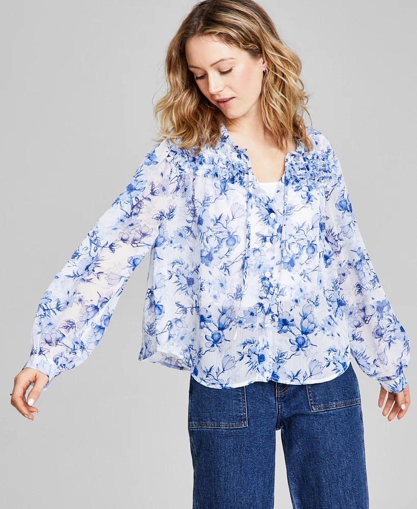 And Now This Women's Floral-Print Button-Front Ruffled Tie-Neck Woven Blouse