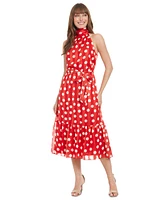 London Times Women's Polka-Dot Tie-Waist Mock-Neck Dress