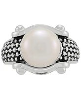 Cultured Freshwater Button Pearl (11-1/2mm) Basket Weave Statement Ring in Sterling Silver