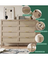 gaomon 8 Drawer Rattan Dresser, 47.2" x 15.7" x 37" Rattan Chest of Dressers, Mid Century Modern Dresser for Closet with Handles, Large Table Top, Dre