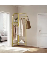 Unho Gold Metal Corner Coat Rack: Garment Rack with 2 Shelves Storage Hanging Clothes