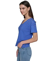 Karl Lagerfeld Paris Women's Embellished V-Neck T-Shirt