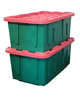 Homz Durable 27 Gallon Heavy Duty Holiday Storage Tote, Green/Red, (4 Pack)