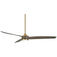60" La Jolla Surf Modern Indoor Ceiling Fan 3 Blade Led Light Remote Control Soft Brass Finish Gray Oak Finish Blades Bedroom Living Room Kitchen Dini