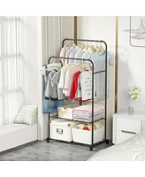 Unho Double Rail Clothes Stand: Garment Rack on Wheels with Storage Shelves