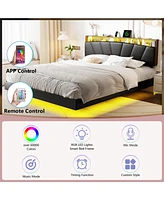 Dyhome Floating Bed Frame Queen with Headboard Storage, Bed Frame Queen Size with Charging Station & Led Lights, Pu Leather Upholstered Platform Bed F