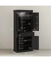 Homcom 71" Kitchen Pantry Cabinet with Large Storage and Led Lights,