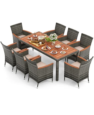 Gymax 9 Pcs Wicker Dining Set Patio Dining Furniture Set w/ Acacia Wood Table & 8 Armchairs