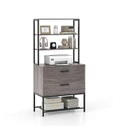 Gouun Freestanding File Cabinet with Charging Station and 3-Tier Open Shelves