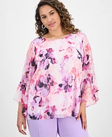 Kasper Plus Printed Bell-Sleeve Blouse