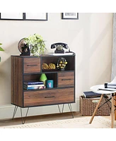 Gouun 3-Tier Wood Storage Cabinet with Drawers and 4 Metal Legs