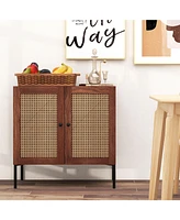Gouun Kitchen Sideboard with 2 Rattan Doors and Adjustable Shelf