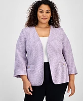 Kasper Plus Tweed 3/4-Sleeve Open-Front Blazer