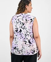 Kasper Plus Printed Sleeveless V-Neck Blouse