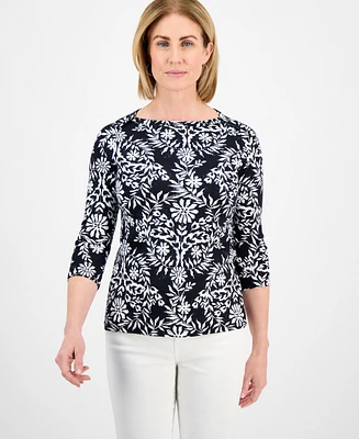 Style & Co Petite Cotton Floral Medallion 3/4-Sleeve Top, Exclusively at Macy's