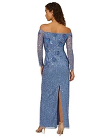 Adrianna Papell Women's Off-The-Shoulder Beaded Mesh Gown