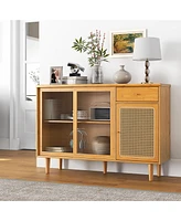 Gouun Modern Bamboo Buffet Sideboard Cabinet with Tempered Glass Sliding Doors
