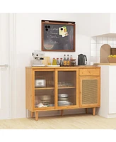 Gouun Modern Bamboo Buffet Sideboard Cabinet with Tempered Glass Sliding Doors