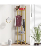 Unho Freestanding Gold Metal Coat Rack: Clothes Stand with Shelves Storage