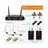 Pyle Wireless Belt-Pack Microphone System with 2 Headsets, 2 Lavalier Mics, Usb Powered Receiver