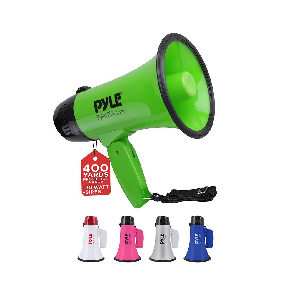 Pyle 20-Watt Mini Megaphone Speaker with Siren, Adjustable Volume, Lightweight, Battery Operated, Green Bullhorn