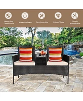 Gymax Patented Cushioned Rattan Wicker Patio Conversation Set w/ Loveseat Table Brown