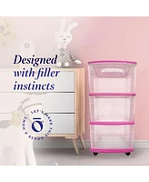Homz Plastic 3 Drawer Medium Storage Container Tower, Clear Drawers/Purple Frame