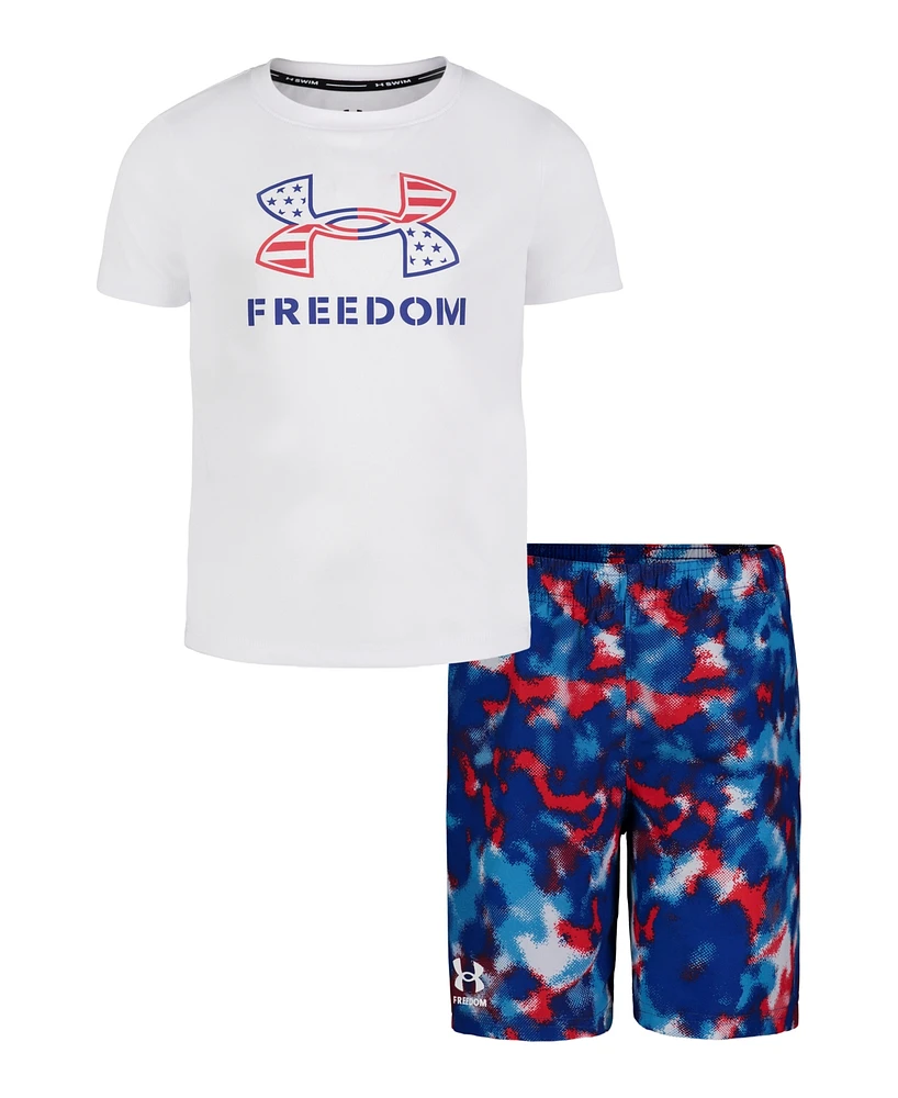 Under Armour Little Boys Freedom Camo Short Sleeve T-Shirt Volley Swimsuit, 2-Piece Set