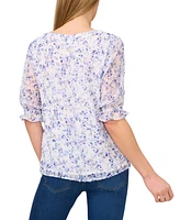 CeCe Women's Floral Elbow-Sleeve Ruffle V-Neck Blouse