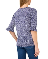 CeCe Women's Floral V-Neck 3/4-Sleeve Ruffled Cuff Blouse