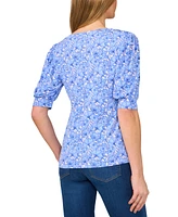 CeCe Women's Floral Shirred Scoop-Neck 3/4-Sleeve Knit Top