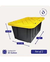 Homz 15 Gallon Durabilt Home Storage Container w/Snap Lid, Black/Yellow(2 Pack)