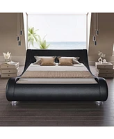 Slickblue Modern Upholstered Platform Bed Frame with Sleigh Curved Headboard